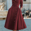 Women's High Waist Belted Stand Collar A-Line Party Dress Long Sleeves Buttoned Solid Color Evening Wedding Midi Dresses