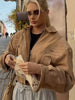 Brown Loose Short Suede Jacket Women Lapel Lantern Sleeves Zipper Outwears Lady Spring Daily Commute Street Coat