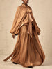 Chic Prom Robe for Women Scarf Collar Lantern Sleeve High Waist Temperament Pleated Evening Dress Female Clothes