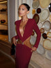 Waistless Elegant Dress Women Classic Full Sleeve Padded Bra Deep V-Neck Metal Buckle Hipster Simple Skinny Vestidos