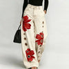 Women Faux Denim Wide Leg Pants High Waist Floral Print Eyelet Hole Decor Loose Baggy Trousers Vintage Street Long Pants