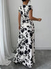 Ladies' Elegant Black and White Floral Print V-Neck Elastic Drawstring Waist Cinching A-Line Vacation Dress