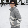Women Chevron Color Block Padded Ski 2 Piece Set Fleece Collar Zipper Snow Jacket Cargo Wide Leg Pants Winter Snowboard Outfits