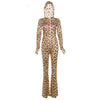 Leopard Contrast Letter Print 2 Piece Set Women Hooded Full Sleeve Crop Jacket+Skinny Stretch Flare Pants Suits