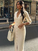 Elegant Evening Dress Women V Neck Long Sleeve Patchwork Button Slit Sweater Dresses Autumn Winter Knit Maxi Dress