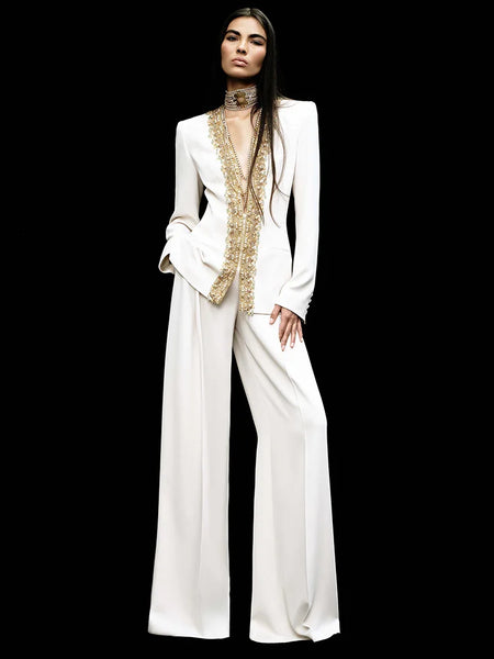High Street Designer Suit Women Gold Beaded Sequins Zipper Long Sleeve Jacket Pants Suit 2pcs Set