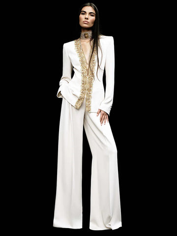 High Street Designer Suit Women Gold Beaded Sequins Zipper Long Sleeve Jacket Pants Suit 2pcs Set