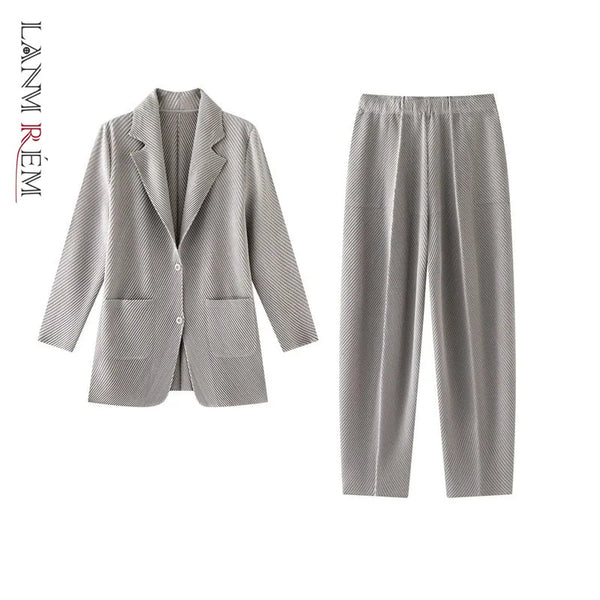 Simple Women's Two Piece Set Dragon Scale Long Sleeve Notched Pleated Blazer And Elastic Waist Straight Pants 2DB4432