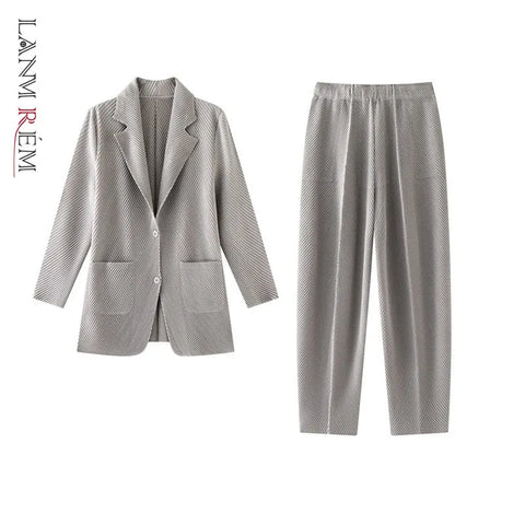 Simple Women's Two Piece Set Dragon Scale Long Sleeve Notched Pleated Blazer And Elastic Waist Straight Pants 2DB4432