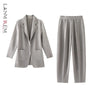 Simple Women's Two Piece Set Dragon Scale Long Sleeve Notched Pleated Blazer And Elastic Waist Straight Pants 2DB4432