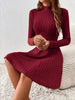 European and American Women's Slim Fit Half-Turtleneck Waist-Cinch A-Line Ribbed Long-Sleeve Dress