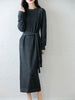 Women Wool Dress Sweater 100% Merino Wool Knitted Self-belt Long Skirt Autumn Winter Round Neck Pullover Cashmere Straight Skirt