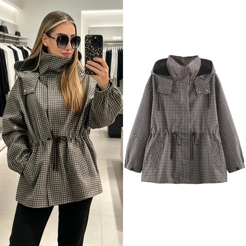 Minimalist Autumn Winter Jacket Women Coat Plaid Hooded Windbreaker Drawstring Waist Loose Mid Casual Outerwear Jacket Female