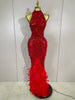 Sparkly Red Rhinestones Feather Sexy Mesh See Through Long Dress Women Birthday Evening Nightclub DJ Dancer Stage Costume
