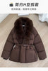 Winter Women Short Puffer Jacket Faux Fur Lapel Collar Waist Belt Design Solid Color Warm Elegant Daily Ladies Outerwear