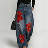 Women Faux Denim Wide Leg Pants High Waist Floral Print Eyelet Hole Decor Loose Baggy Trousers Vintage Street Long Pants