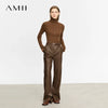 Minimalist PU Leather Casual Pants for Women Autumn Loose Floor Length Straight Slit Female Trousers 12343250