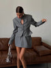 Women Grey Stand‑collar Keyhole Blazer Mini Skirt 2 Piece Set Chic Long‑sleeve Fitted Suit Lady Street Commute Outwear