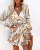 Women's Long Sleeve Mini Dress V-neck Drawstring Leopard Printed Waist Tied Dress Elegant Office Lady Dresses For Women
