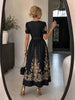 Women Vintage Gold Floral Print Maxi Dress Short Puff Sleeve Belted Elegant Party Long Dress