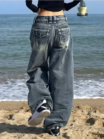 Y2K 2000s Vintage Baggy Jeans Woman Harajuku Streetwear Oversize Denim Pants Korean Style Gyaru Grunge Hip Hop Trousers