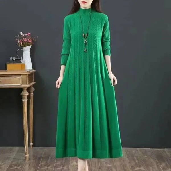 Autumn/Winter Women Knitted Dress Solid Loose Pullover Half High Collar Long Knitted Sweater Dress Female High-Quality