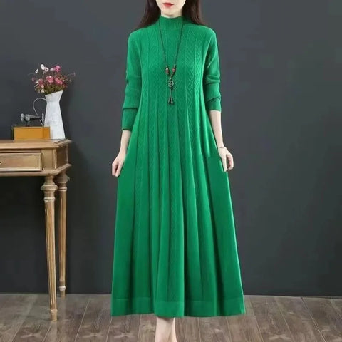 Autumn/Winter Women Knitted Dress Solid Loose Pullover Half High Collar Long Knitted Sweater Dress Female High-Quality