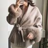 Women Grey Fur Splicing Woolen Coat Casual Belt Full Sleeve Lapel Loose Cardigan Outwear Lady Winter Highstreet Jacket
