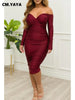 Women Off Shoulder V-neck Ruched Stacked Bodycon Midi Dress Autumn Winter Long Sleeve Party Club Prom Vestidos