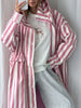 Striped Hooded Long Trench Coat Drawstring Waist Open Front Spring Women Glam Outerwear Warm Casual Lady Windbreaker Jacket