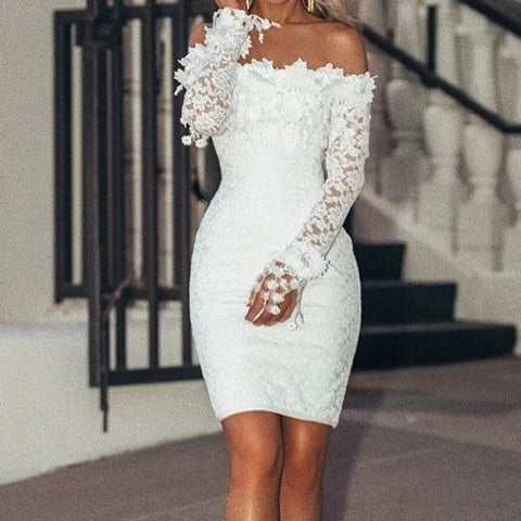 Women White Bodycon Prom Dresses Sexy Lace Off Shoulder Elegant Evening Party Dress Women's Flare Sleeve Chiffon Mini Dress
