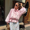 Shiny Stand Collar Short Jacket Women Puff Sleeve Drawstring Waist Cinching Pleated Jackets Autumn Causal Lady Outerwear