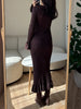 Brown Knitted Dresses For Women Maxi Elegant Trumpet Sleeves Knit Fishtail Dresses Women Long Ruffled Dresses Maxi