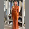 Ladies Lace Overlay Satin Mermaid Gown High Neck Long Sleeve Cutout Sheer Slim Dress Wedding Guest Party Dresses