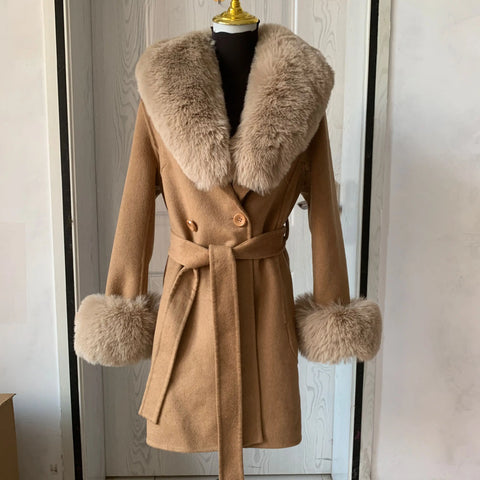 Women's Woolen Coat with Faux Fur Fluffy Fur Leader Mouth Women Winter Warm Faux Fur Double-Sided Wool Jacket Artificial Fur