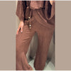 Casual Women Shirt Pant Set V-Neck Lace Up Loose Long Sleeve Top Wide Leg Trousers Suit Spring Autumn Chic Lady Outfits