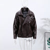 Vintage Zippers Short Leather Jackets Women's Casual Lapel Button Pockets Full Sleeve Coat Autumn Lady Chic Streetwear