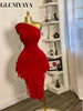 Women One Shoulder Stacked Ruched Ruffles Asymmetrical Bodycon Midi Dress Parties Vacation Street Dresses Vestidos