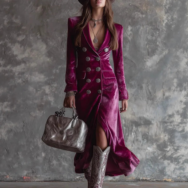 Elegant Women Velvet Lapel Double Breasted Long Sleeve Slit Midi Dress Autumn Winter Solid Color Slim Fit Female Party Dress