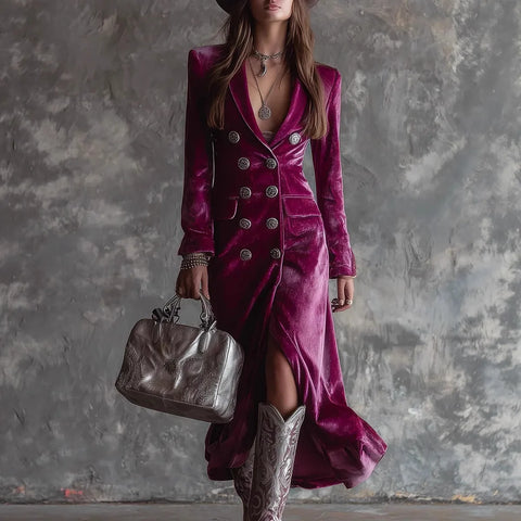 Elegant Women Velvet Lapel Double Breasted Long Sleeve Slit Midi Dress Autumn Winter Solid Color Slim Fit Female Party Dress