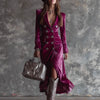 Elegant Women Velvet Lapel Double Breasted Long Sleeve Slit Midi Dress Autumn Winter Solid Color Slim Fit Female Party Dress