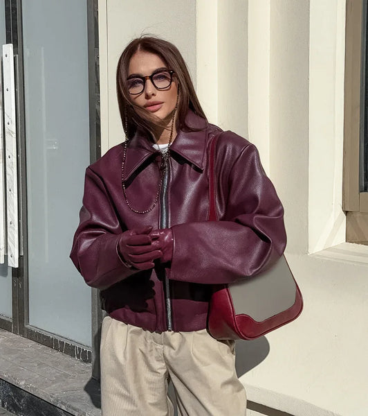 Wine Red Faux Leather Jakcet Outerwear Thicken Zipper Lapel Pu Coats Autumn Winter Streetwear Ladies Tops Women