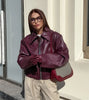 Wine Red Faux Leather Jakcet Outerwear Thicken Zipper Lapel Pu Coats Autumn Winter Streetwear Ladies Tops Women