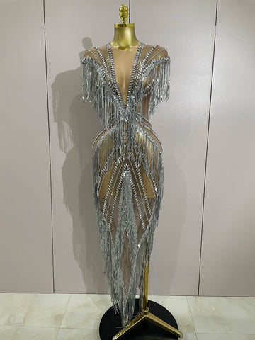 Sparkly Diamonds Tassels Sexy Mesh Sheer Long Dress Women Evening Birthday Party Nightclub Bar Festival Stage Costumes