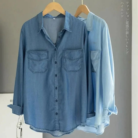 Spring Autumn Korean Jeans Blouse Women's Long Sleeve Single Breasted Wash Denim Shirt Coat Female Cowboy Top