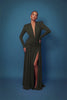 Women Glitter Maxi Evening Dress Deep V Neck Long Sleeve Ruched High Slit Formal Party Dress For Wedding Guest Prom