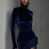 Long Sleeve Lace Patchwork Sexy Velvet Dress Women Autumn Winter Turtleneck Party Dress Elegant Slim Simple Ladies Dress