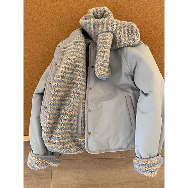 with Scarf Parkas Women Lamb Wool Patchwork Puffer Jacket Korean Fleece Down Coats Winter Cotton Padded Outerwears