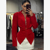 Pleated Waist Cinching Blazer Coat Women Chic Deep V-neck Full-sleeve Single Breasted Slim Coats Lady Commute Jacket