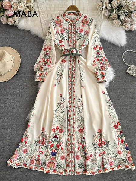 Runway Designer Dresses Women Stand Neck Long Sleeve Floral Print With Belt Boho Holiday Dress Flower Long Robes